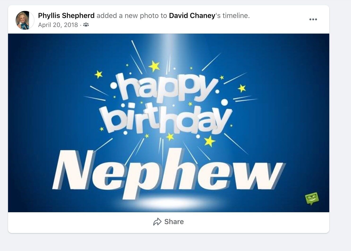 Shepherd's birthday greeting to Chaney